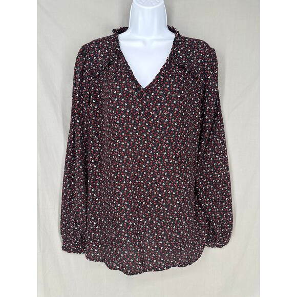 Loft Top Womens XL Black Floral Red Long Sleeve Ruffle Boho Cottagecore V Neck - Picture 1 of 8
